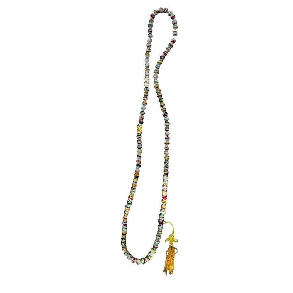 Hand Painted Striped Glass Bead Necklace Yellow Tassel Chinese Knot Multicolor - Picture 7 of 10